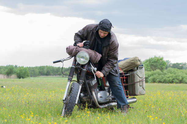 istock A post apocalyptic man on motorcycle in a meadow 967130580