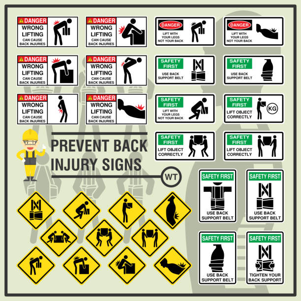 Set of safety signs and symbols of back injury prevention. Safety signs use to remind workers to be aware of their back safety in the workplace. Set of safety signs and symbols of back injury prevention. Safety signs use to remind workers to be aware of their back safety in the workplace. picking up stock illustrations