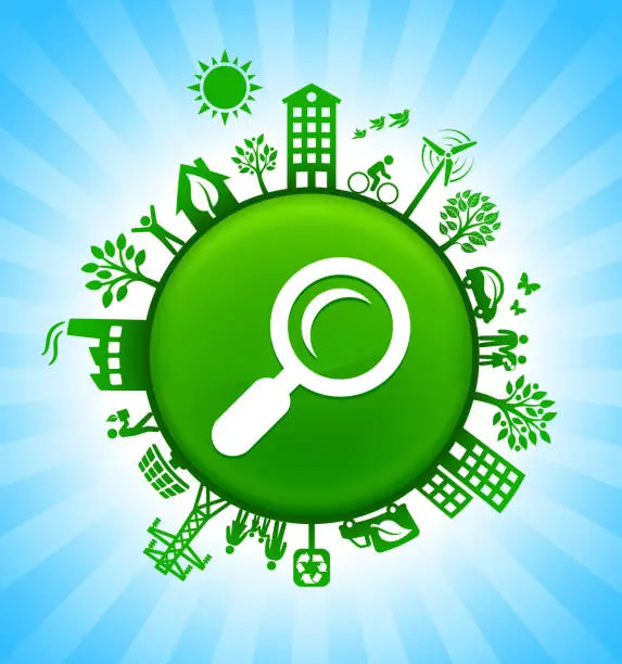 Vector illustration of Search Environment Green Button Background on Blue Sky