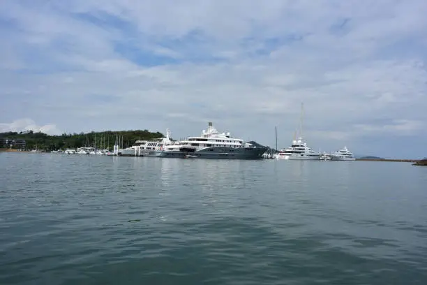 Khao Phing Kan; Thailand - January 2017:large private yacths at their moorings