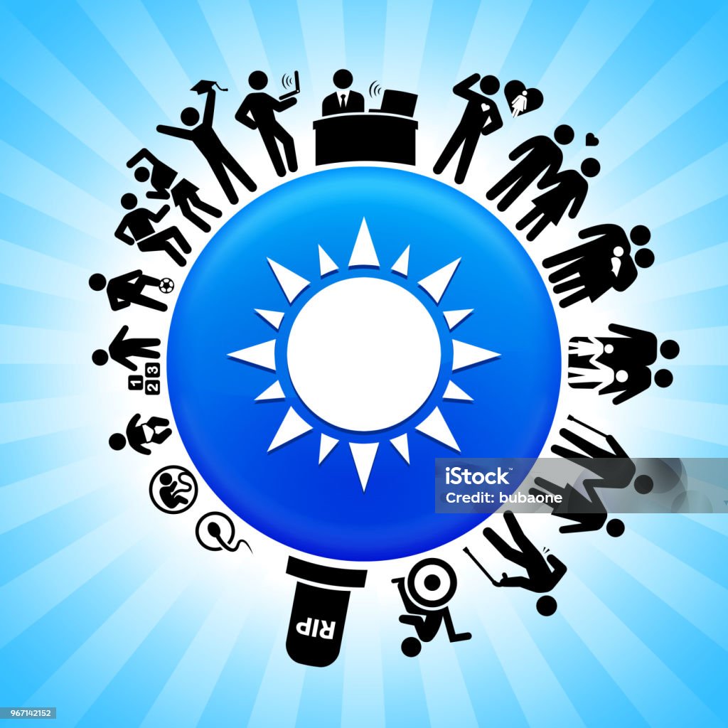 Sun  Lifecycle Stages of Life Background Sun  Lifecycle Stages of Life Backgroundon circle button. Icons of life from conception to old surround the large shiny round button in the center of this 100 percent royalty free vector illustration. The button is placed against a blue tar burst background. The illustration shows speaks to the "life is short" idea. Adolescence stock vector