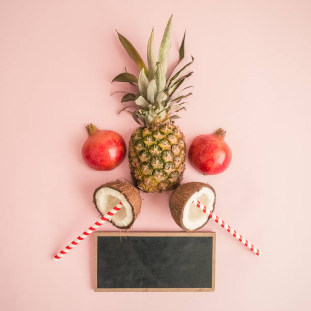 istock Creative layout of fresh fruits on rose background abstract. 967190460