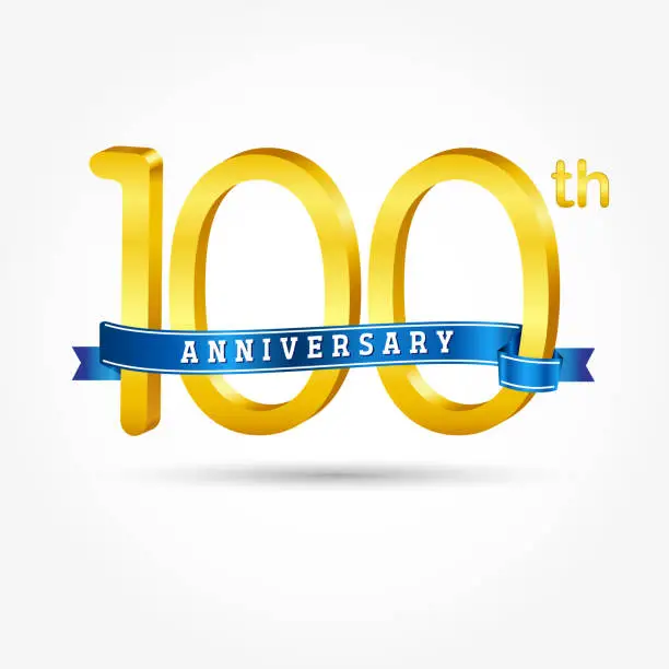 Vector illustration of 100 years Anniversary logo with blue ribbon isolated on white background.