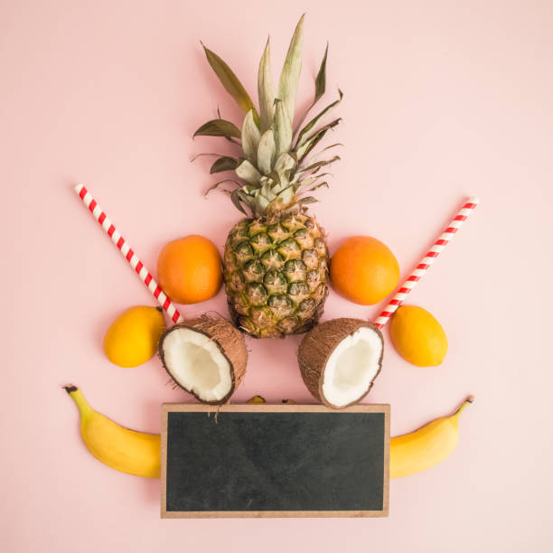 istock Creative layout of fresh fruits on rose background abstract. 967190760