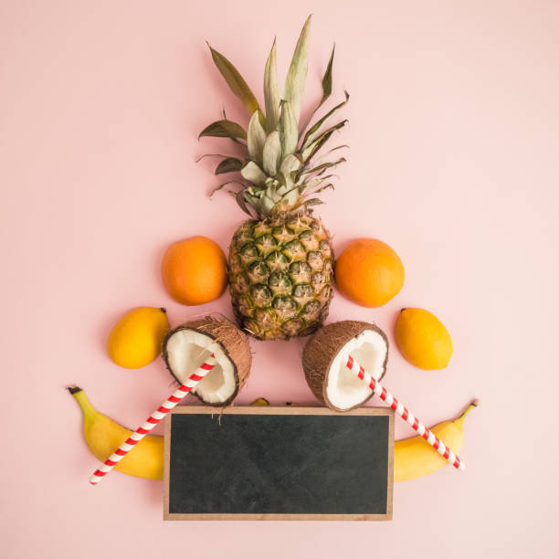 istock Creative layout of fresh fruits on rose background abstract. 967195920