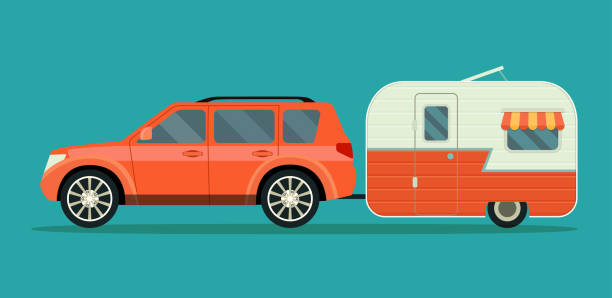 красный автомобиль и прицепы караван изолированы. вектор плоский стиль иллюстрации - vehicle trailer illustrations stock illustrations