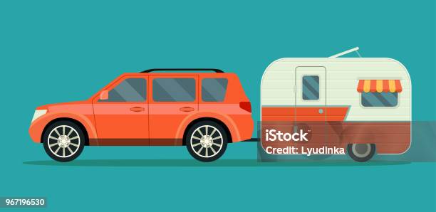 Red Car And Trailers Caravan Isolated Vector Flat Style Illustration Stock Illustration - Download Image Now
