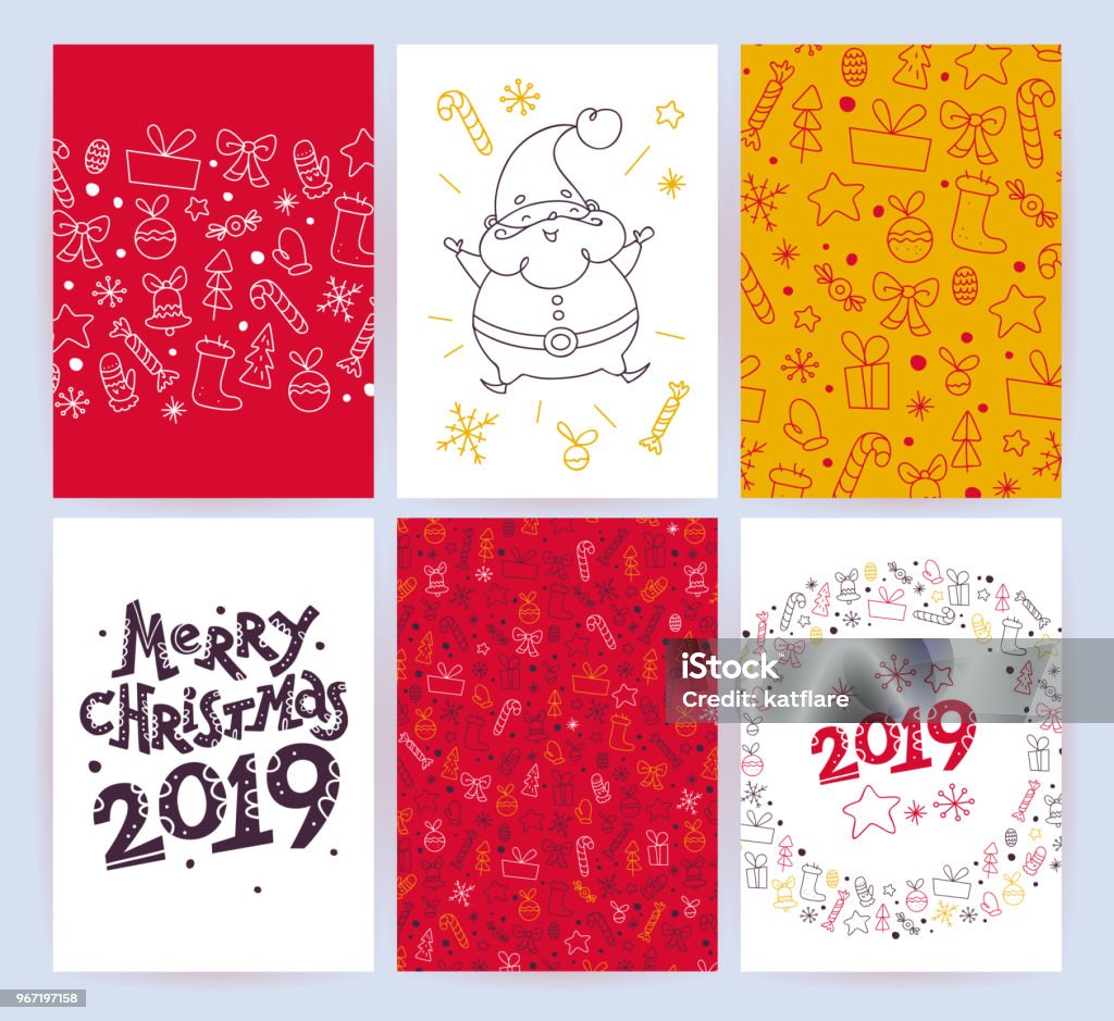 Vector collection of flat Christmas holiday congratulation cards with patterns & text isolated on light background. Vector collection of flat Christmas holiday congratulation cards with patterns & text isolated on light background. Traditional Merry Christmas decor elements - fir tree, gift box, snowflake. Line art Arranging stock vector