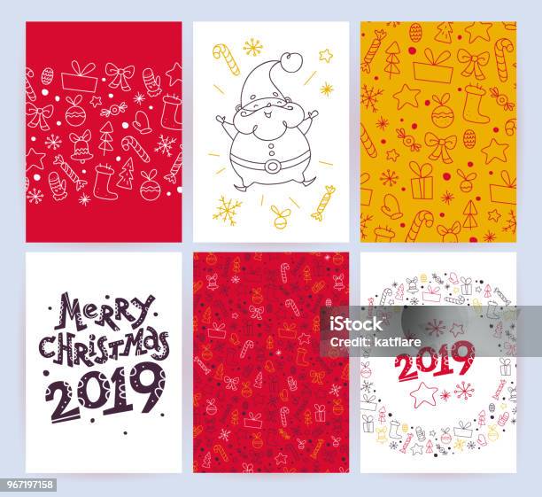 Vector Collection Of Flat Christmas Holiday Congratulation Cards With Patterns Text Isolated On Light Background Stock Illustration - Download Image Now