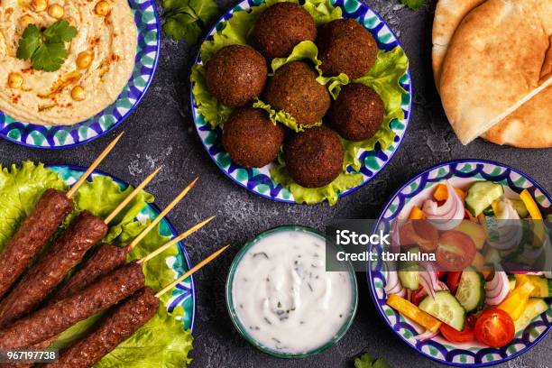 Classic Kebabs Falafel And Hummus On The Plates Stock Photo - Download Image Now - Food, Syrian Culture, Egyptian Culture