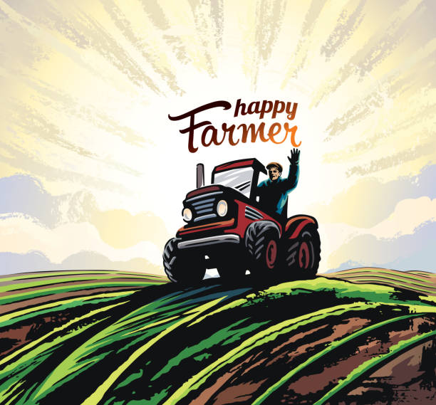 Farmer on the tractor from dawn morning scenery Farmer on the tractor, waving his hands, to the top of the hill against the backdoor of the sunrise, vector illustration in retro style. tractor illustrations stock illustrations