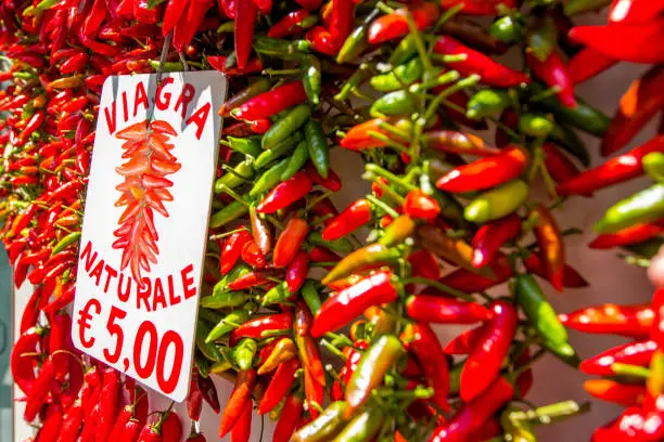 Dried vegetables red hot chili pepper on Amalfi coast, Italy