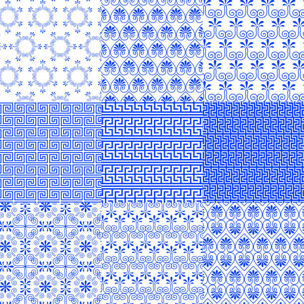 kolekcja wektorowa greckich tradycyjnych wzorów bez szwu - pattern seamless backgrounds greek culture stock illustrations