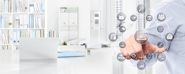 istock office business work concept, hand touch screen icons, web banner and copy space template 967239290