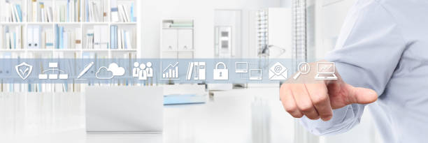 istock office business work concept, hand touch screen icons, web banner and copy space template 967239308