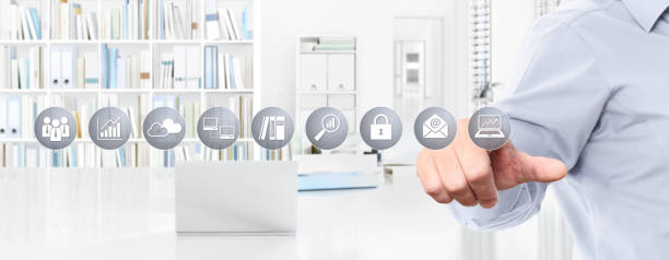 istock office business work concept, hand touch screen icons, web banner and copy space template 967239376