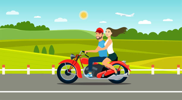 Young Couple Riding A Motorcycle Summer Landscape Vector Flat Illustration  Stock Illustration - Download Image Now - iStock