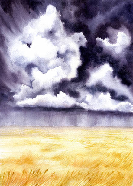 istock Watercolor Illustration with Field and Dark Sky 967254506