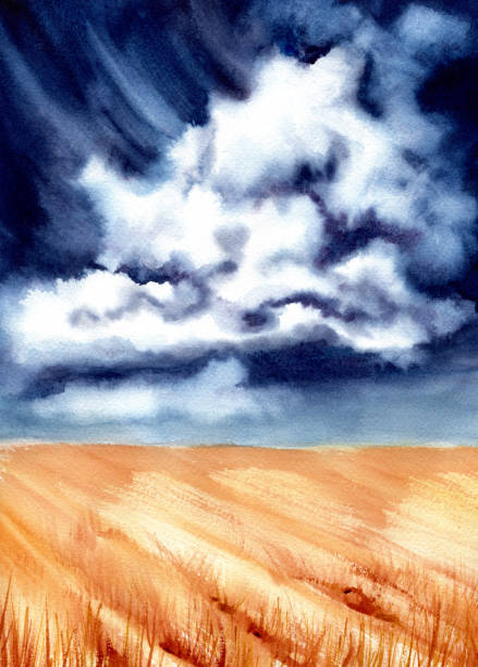 istock Watercolor Illustration with Dark Sky, Clouds and Wheat Field 967254508