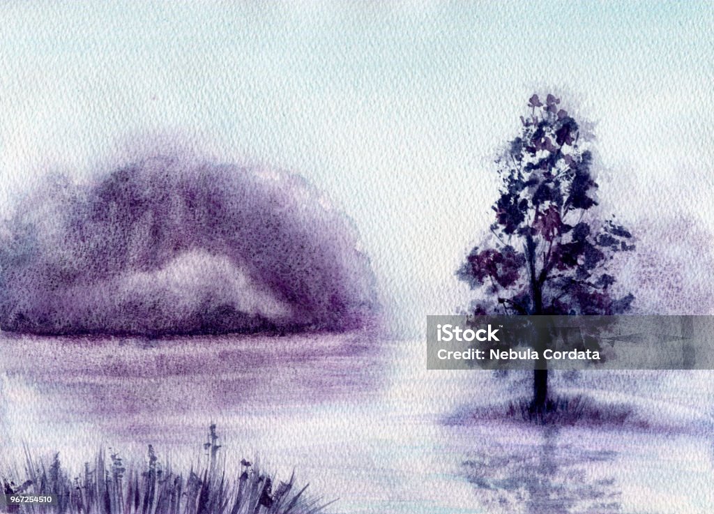 Watercolor Landscape with Misty Lake Watercolor Landscape with Misty Lake and Trees in Pastel Colors Blue stock illustration