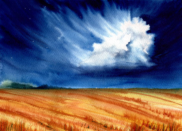 istock Watercolor Landscape with Deep Blue Sky and Wheat Field 967254524