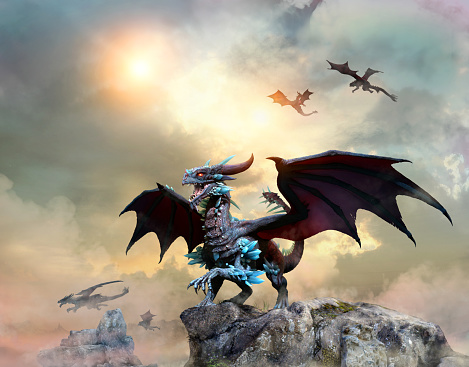 Dragon on a cliff scene 3D illustration
