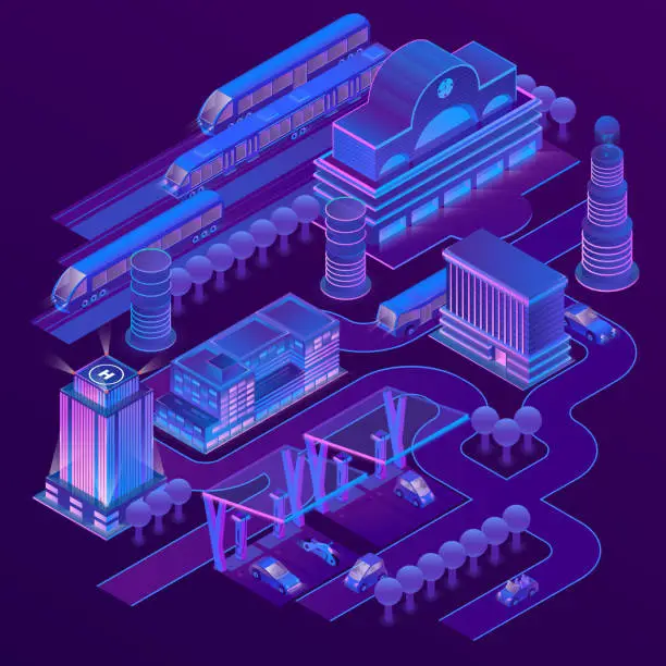 Vector illustration of Vector isometric city in ultra violet colors