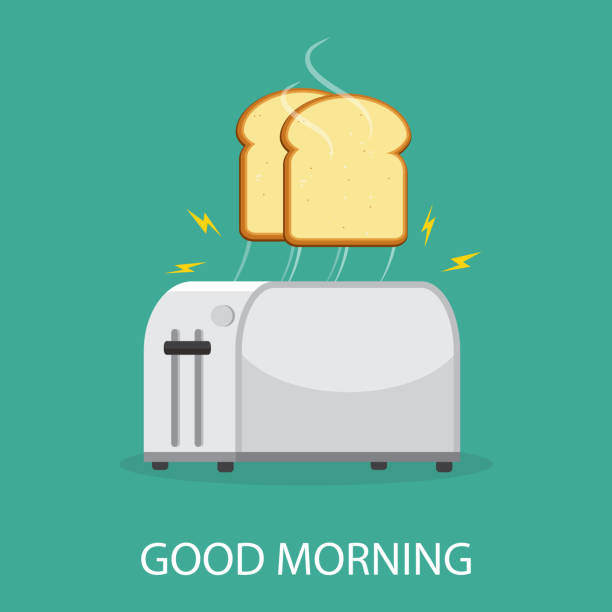 ilustraciones, imágenes clip art, dibujos animados e iconos de stock de concepto de buena mañana. tostadas de pan y tostadora. aislado sobre fondo. ilustración de vector - tostadora