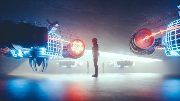 istock Futuristic astronauts standing in front of spaceships 967269328