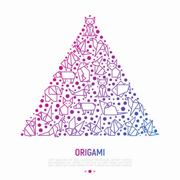 Vector illustration of Origami concept in triangle with thin line icons: penguin, camel, fox, bear, sparrow, fish, mouse, bird, elephant, kangaroo, hare, seal, raccoon. Modern vector illustration for workshop, banner.