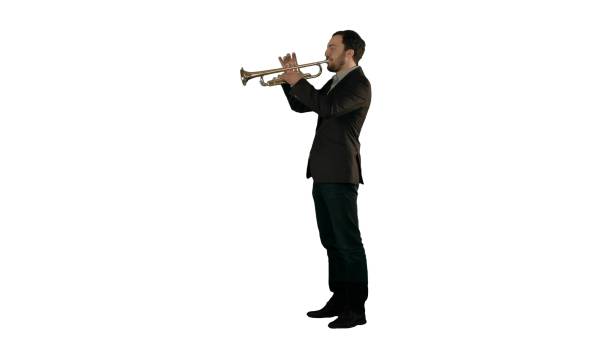 istock Man standing and trumpet melody. on white background isolated 967274418