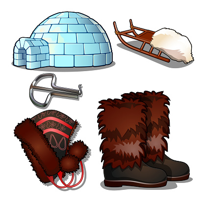 The set of items of culture and life of the people of the far North and of the Inuit, isolated on white background. Jaw harp, igloo, sleigh, boots, hat.