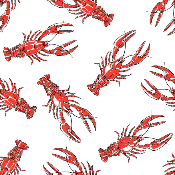 Seamless pattern with red crawfish on a white background.Hand drawn vector illustration. Red crayfish on a white background. Seamless animal background. crayfish animal stock illustrations