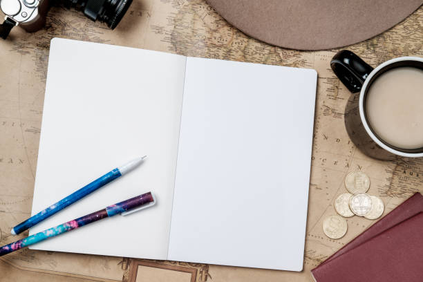 istock Flat lay adventure vintage background with hat, camera and passport on old map. Top view