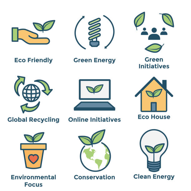 Environmental icons with green energy, eco house, and earth initiatives Environmental icons with green energy, eco house, & earth initiatives initiatives stock illustrations
