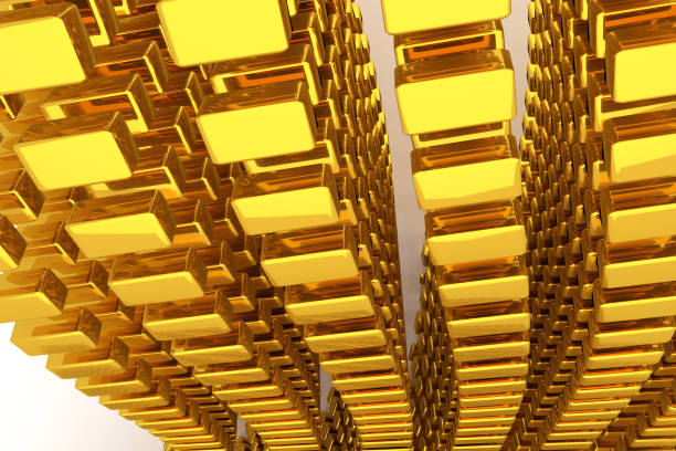 istock Gold bars or bricks, floating around, modern style background or texture. Bunch, digital, cover & creative. 967292404