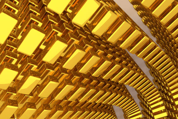 istock Gold bars or bricks, floating around, modern style background or texture. Effect, repeat, business & pattern. 967294926