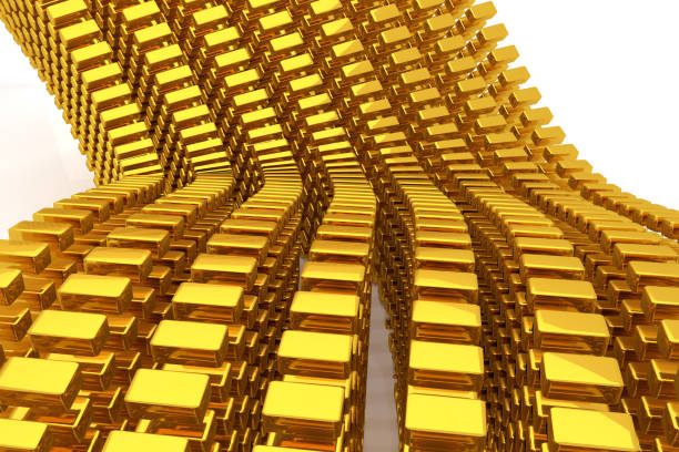 istock Gold bars or bricks, floating around, modern style background or texture. Profit, earnings, art & 3d. 967295540