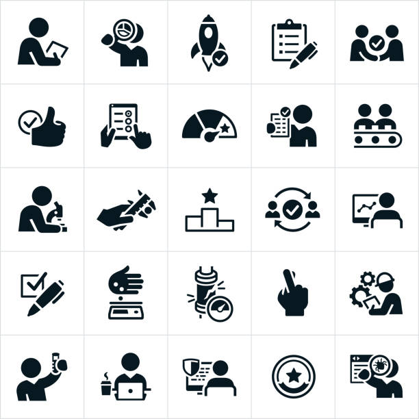 Quality Control Icons A set of quality control or quality assurance icons. The icons include testing, analyzing, checking, debugging, checklist and other processes used to check for quality. fingers crossed illustrations stock illustrations