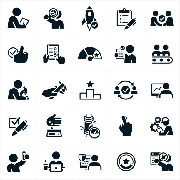Quality Control Icons A set of quality control or quality assurance icons. The icons include testing, analyzing, checking, debugging, checklist and other processes used to check for quality. product review stock illustrations