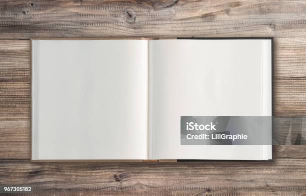 Open Book Wooden Background Minimal Flat Lay Stock Photo - Download Image Now - Book, Open, Photo Album