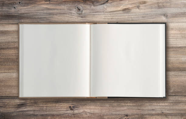 open book wooden background minimal flat lay - picture book imagens e fotografias de stock