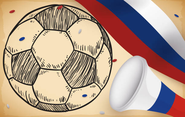 Russian Flag, Confetti, Trumpet and Soccer Ball for Football Event Banner with patriotic football elements: Russian flag, trumpet, confetti and soccer ball in hand drawn style over scroll to celebrate special football event. russian culture audio stock illustrations