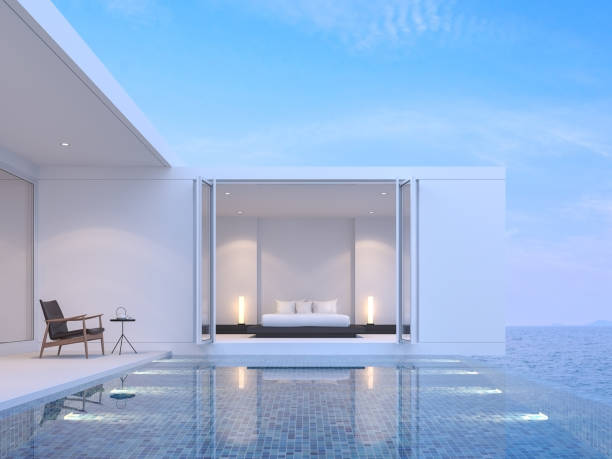 istock Pool villa bedroom with sea view 3d render 967305926