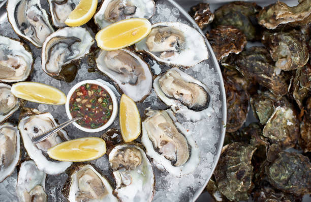 close-up de servidor com bandeja de ostras frescas de concha com fatias de limão, servidas como aperitivo - prepared oysters prepared shellfish shucked seafood - fotografias e filmes do acervo