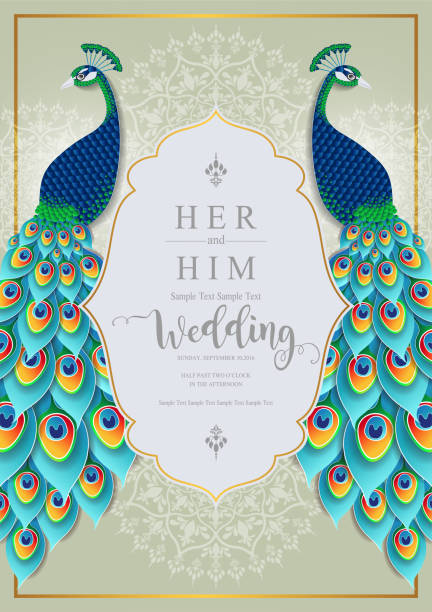 Wedding Invitation card templates with gold Peacock feathers patterned and crystals on paper color Background. Wedding Invitation card templates with gold Peacock feathers patterned and crystals on paper color Background. peacock stock illustrations