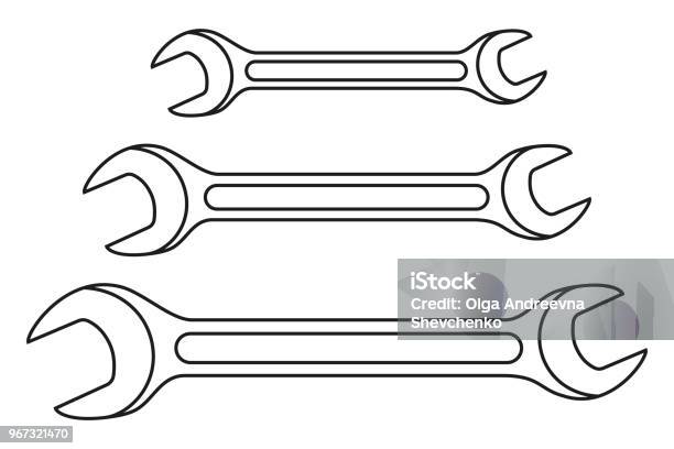 Line Art Black And White Spanner Set Stock Illustration - Download Image Now - Adjusting, Art, Badge