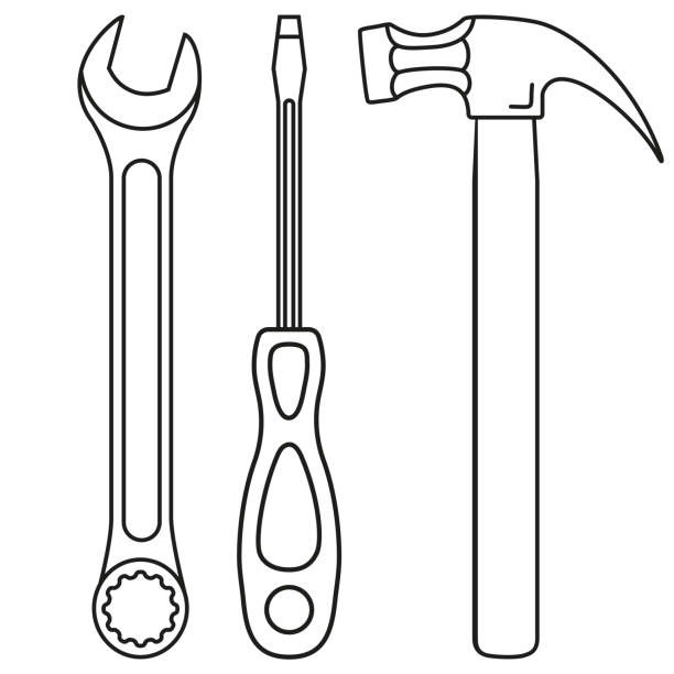 linie kunst schwarz-weiß toolkit set - hand tool toolbox group of objects work tool stock-grafiken, -clipart, -cartoons und -symbole
