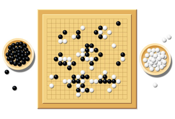 五目並べや黒と白の石 - 伝統的な中国の戦略ゲームでゲームのボード、ゲームの典型的なコースと 2 つの木製ボウルいっぱい行く。白でベクター グラフィックを分離しました。 - chess field点のイラスト素材／クリップアート素材／マンガ素材／アイコン素材
