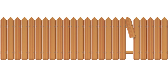 Wooden picket fence with gap in the fence. Palisade or stockade with broken plank and loophole to slip through, escape, bolt, run away, break free, flee, take off, slip away, sidle off. Illustration.